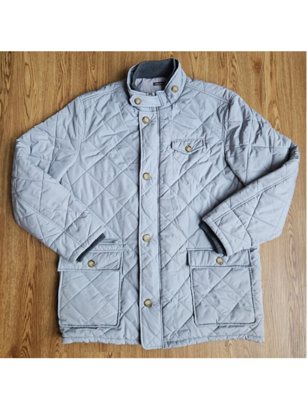 J. McLaughlin Quilted Full Zip Button Up Jacket Gray Blue Cotton Lined Large